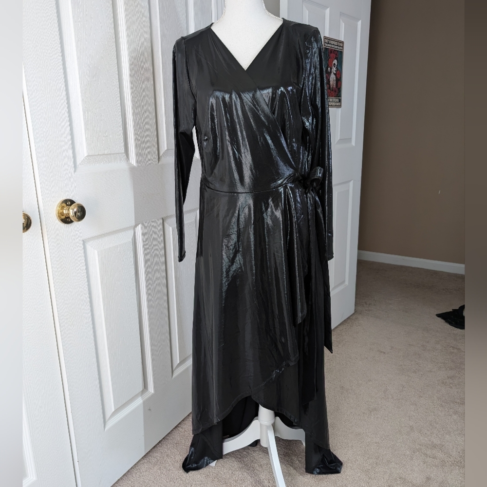 Eloquii Shiny Black Wrap Dress, Sz 16, NWT